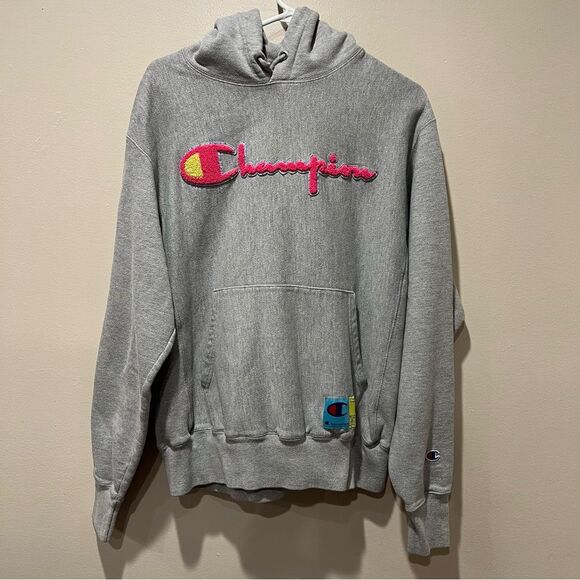 Champion Reverse Weave Hoodie Patch Spellout Logo Gray Pullover Men’s Size M - Picture 1 of 11